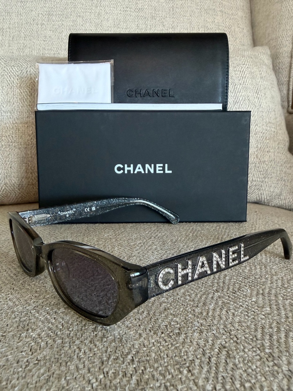 CHANEL CH71280 Crystal Logo Gray Glitter Rectangle Sunglasses Authentic